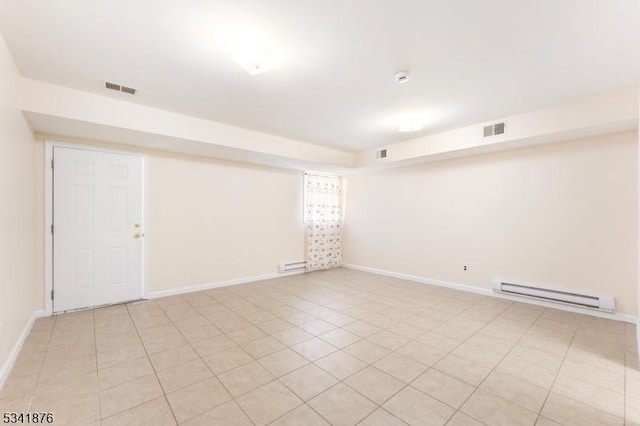 unfurnished room featuring a baseboard radiator, visible vents, and baseboards