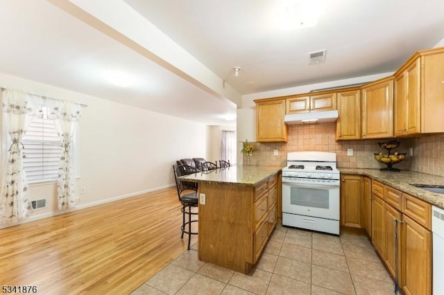 kitchen featuring backsplash, white appliances, a peninsula, a kitchen bar, and under cabinet range hood