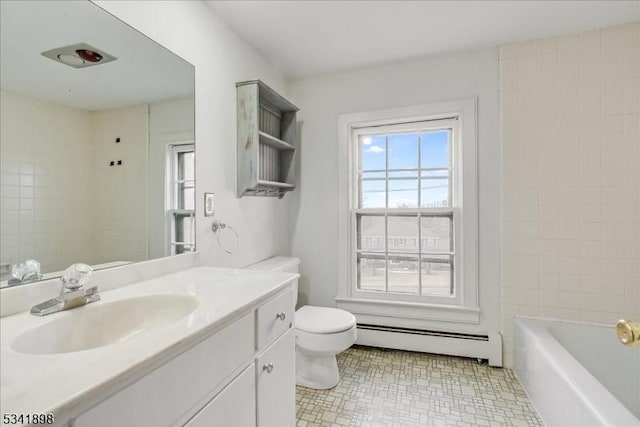 full bath featuring toilet, a baseboard radiator, and vanity