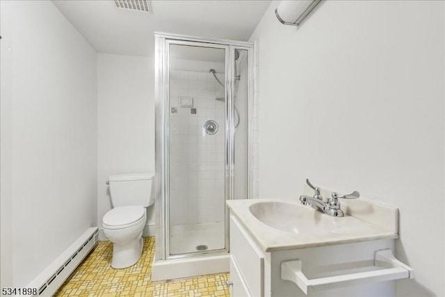 bathroom with a baseboard heating unit, visible vents, a shower stall, and toilet