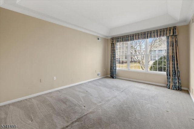 spare room featuring visible vents, crown molding, baseboards, carpet floors, and a raised ceiling