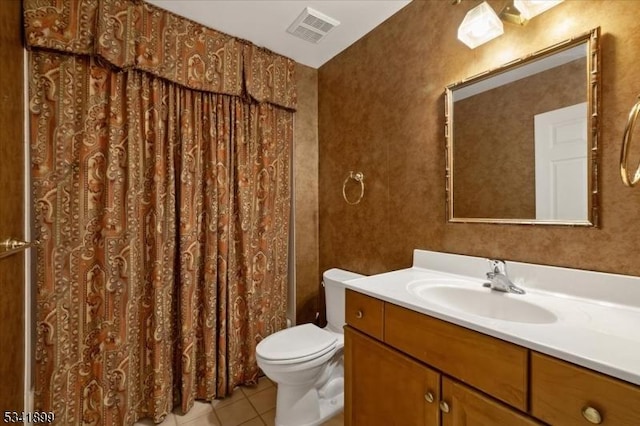 full bath with visible vents, a shower with curtain, toilet, tile patterned flooring, and vanity