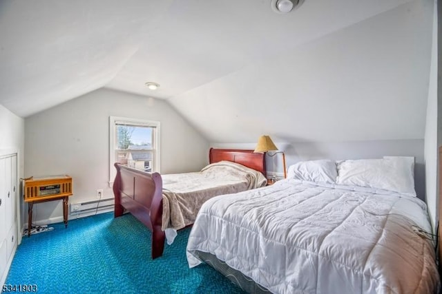 carpeted bedroom with a baseboard radiator and vaulted ceiling