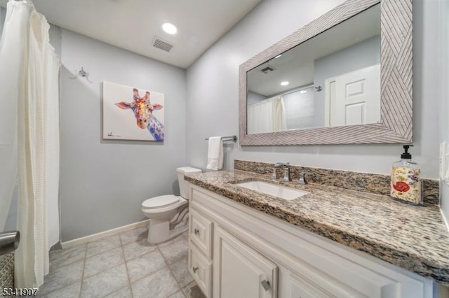 bathroom featuring baseboards, visible vents, toilet, tile patterned floors, and vanity