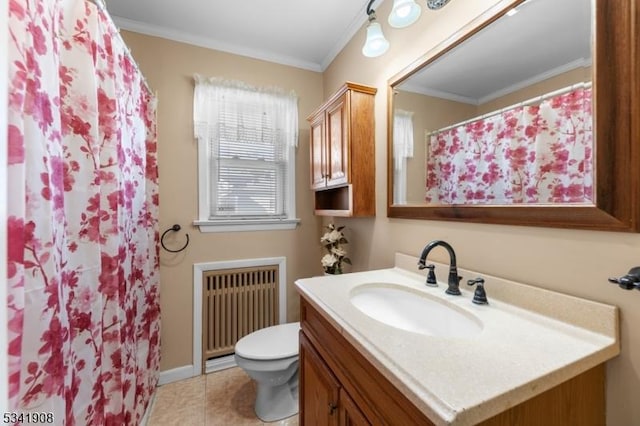 full bath featuring crown molding, radiator, toilet, vanity, and tile patterned floors