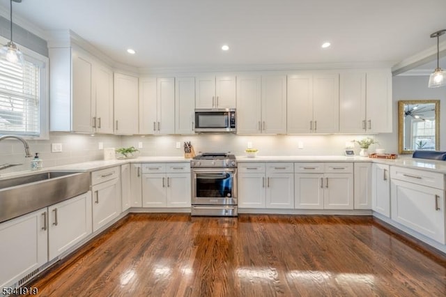 kitchen with stainless steel appliances, white cabinetry, a sink, and dark wood-style floors