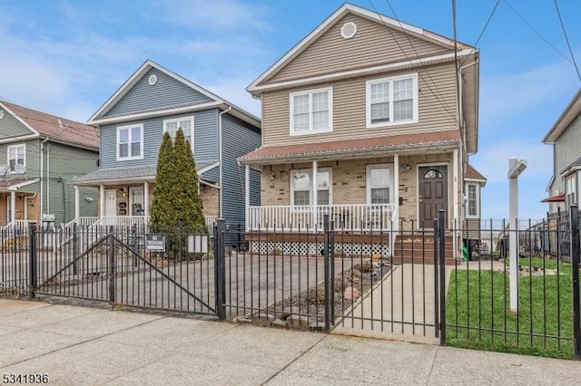 view of front of house with a porch, a gate, and a fenced front yard