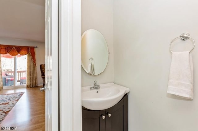 bathroom featuring wood finished floors and vanity