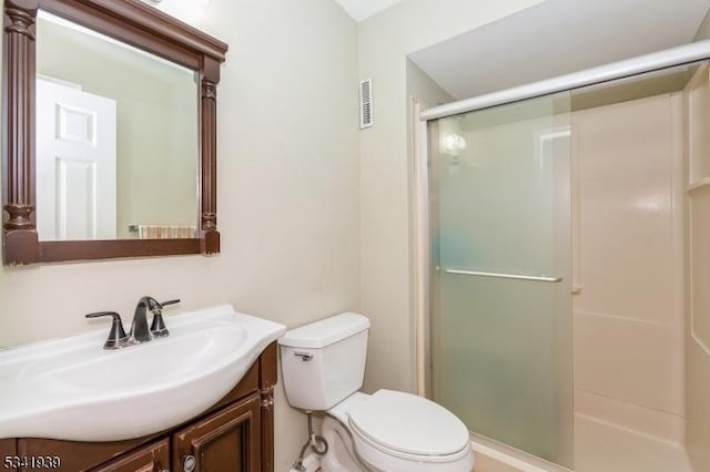 full bath with visible vents, vanity, a shower stall, and toilet