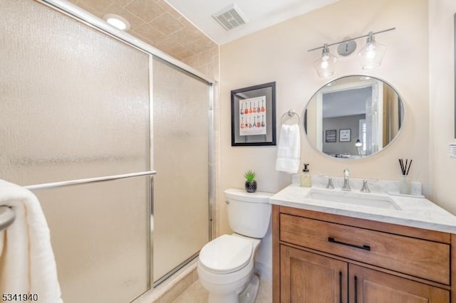 full bath with toilet, a stall shower, vanity, and visible vents