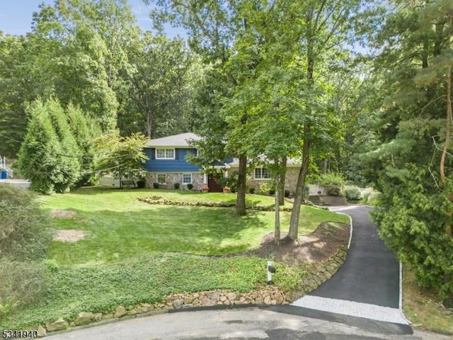 view of front facade with aphalt driveway, stone siding, and a front lawn