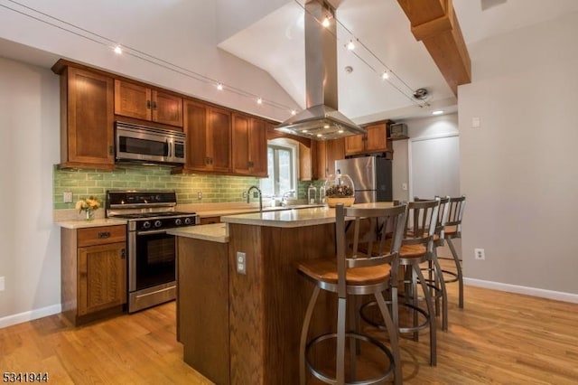 kitchen featuring light wood finished floors, a center island, stainless steel appliances, tasteful backsplash, and island range hood