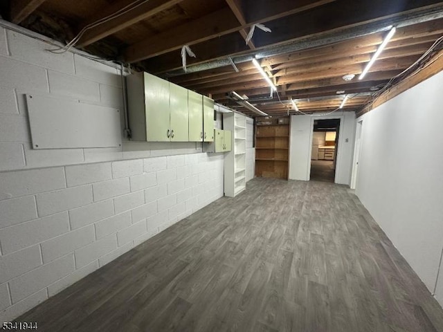 unfinished below grade area with concrete block wall and wood finished floors