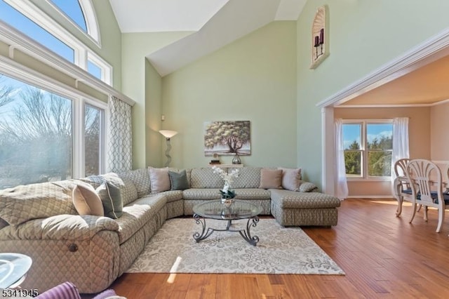 living room with wood finished floors and high vaulted ceiling