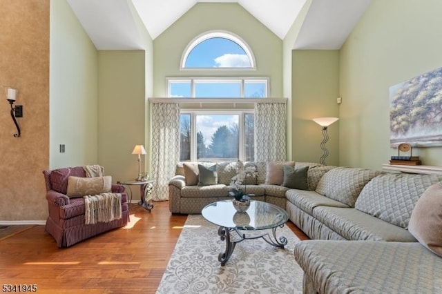 living area featuring wood finished floors, baseboards, and high vaulted ceiling