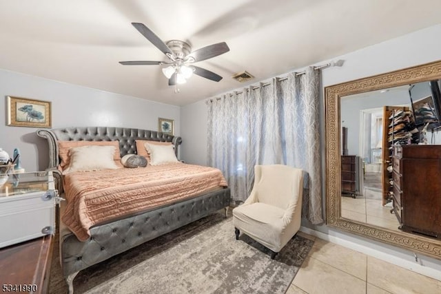 tiled bedroom with ceiling fan and visible vents