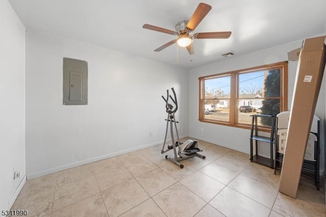 exercise area featuring a ceiling fan, electric panel, visible vents, and baseboards