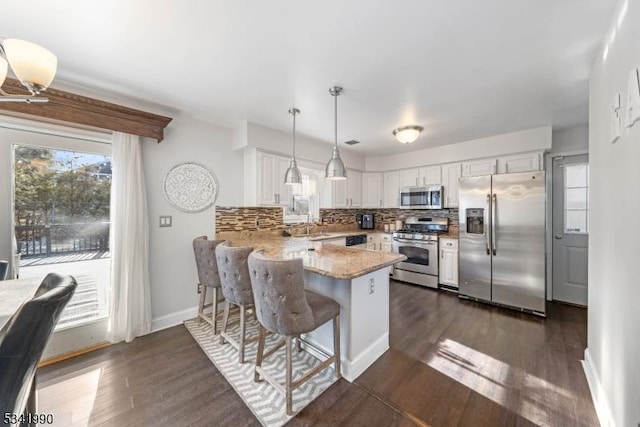 kitchen featuring a peninsula, dark wood-style floors, white cabinetry, and stainless steel appliances