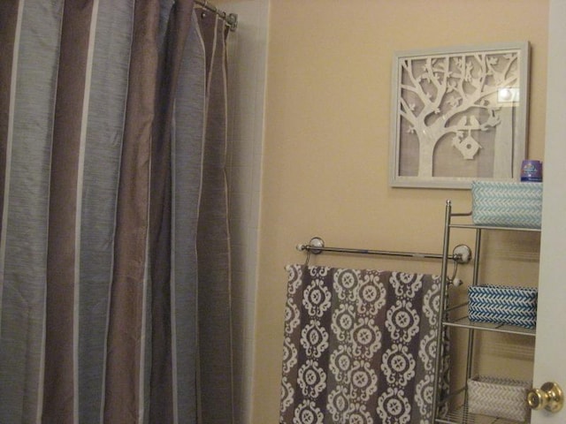 bathroom with curtained shower