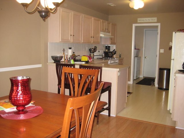 kitchen featuring tasteful backsplash, washer / clothes dryer, light wood-style flooring, a peninsula, and under cabinet range hood