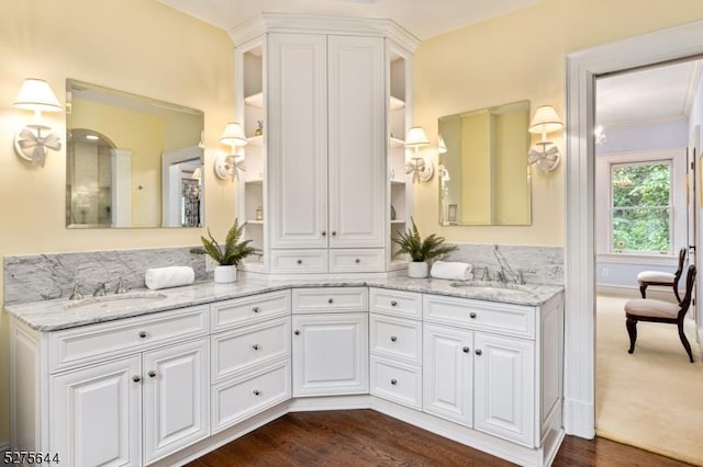 full bath featuring wood finished floors, a sink, and double vanity