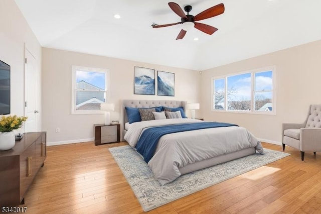 bedroom with a ceiling fan, recessed lighting, baseboards, and light wood finished floors