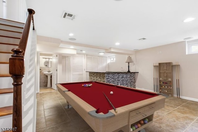 recreation room featuring recessed lighting, pool table, visible vents, and a sink