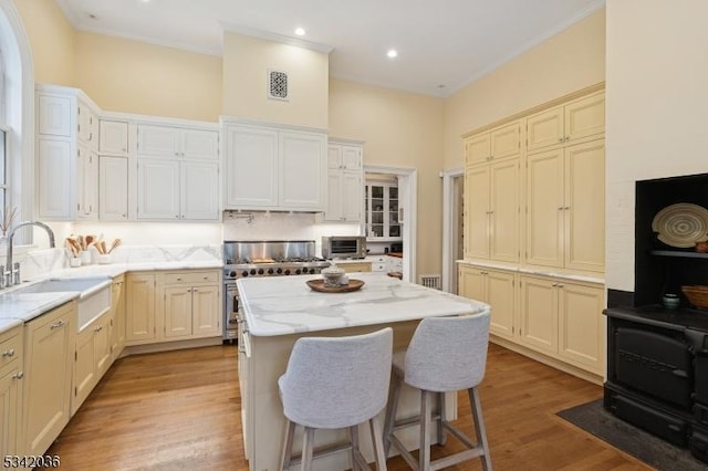 29 Kitchell Rd, Morris Twp, NJ 07960 - kitchen featuring high end stove, a kitchen island, light wood-style floors, a breakfast bar, and light stone countertops