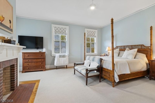 29 Kitchell Rd, Morris Twp, NJ 07960 - bedroom featuring a brick fireplace, crown molding, and wood finished floors