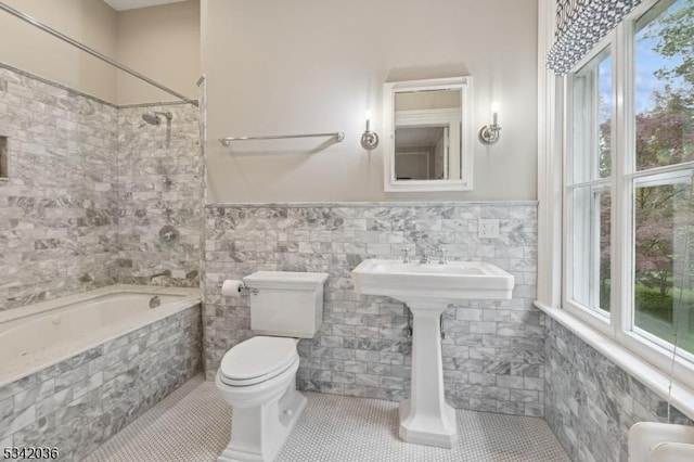 29 Kitchell Rd, Morris Twp, NJ 07960 - full bathroom with tile walls, tiled shower / bath, healthy amount of natural light, tile patterned flooring, and wainscoting