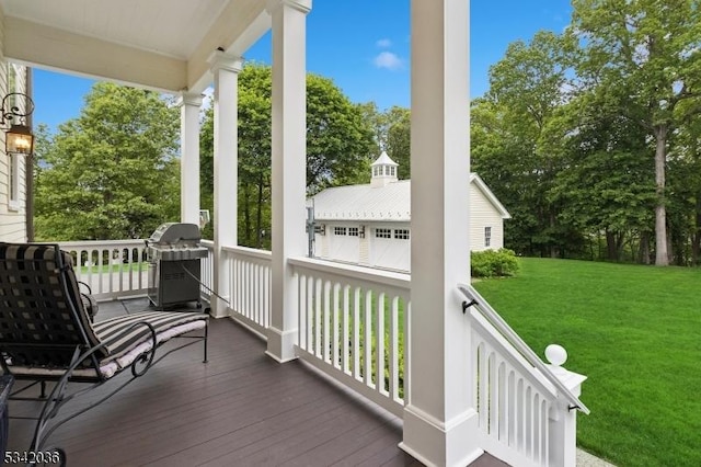29 Kitchell Rd, Morris Twp, NJ 07960 - wooden porch with a grill, a yard, an outdoor structure, and view of wooded area