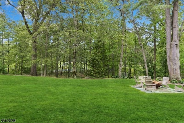 29 Kitchell Rd, Morris Twp, NJ 07960 - view of grassy yard featuring a fire pit and a patio area