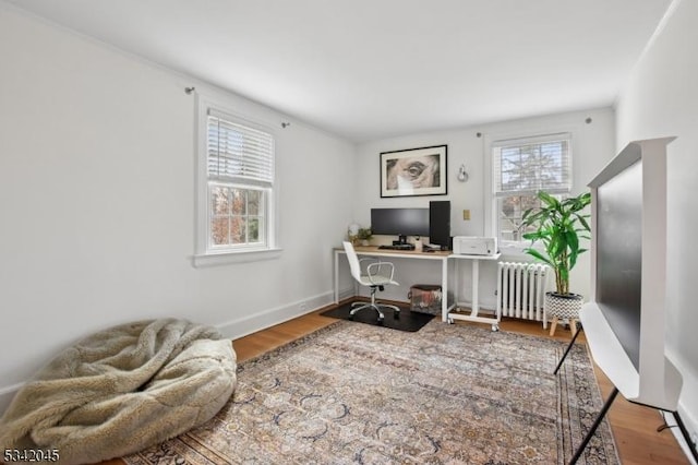 office with radiator heating unit, baseboards, and wood finished floors