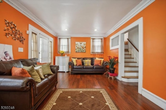 living area featuring dark wood-style floors, crown molding, stairway, and baseboards