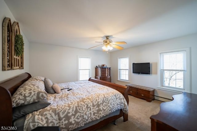 bedroom featuring a ceiling fan, carpet, and a baseboard radiator