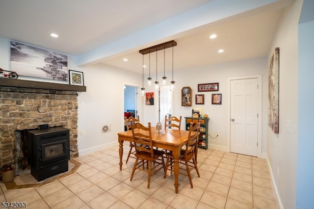 dining room featuring beam ceiling, recessed lighting, baseboards, and light tile patterned flooring