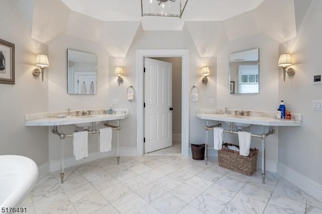 91 Overleigh Rd, Bernardsville Boro, NJ 07924 - full bath with marble look tile flooring, a freestanding bath, and baseboards