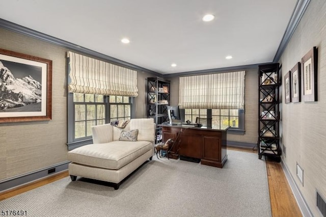 91 Overleigh Rd, Bernardsville Boro, NJ 07924 - office area with ornamental molding, wood finished floors, recessed lighting, and baseboards