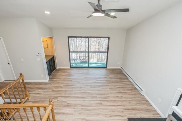 living room with a ceiling fan, baseboards, light wood finished floors, a baseboard radiator, and recessed lighting