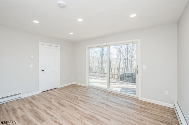 unfurnished room with a baseboard heating unit, baseboards, light wood-type flooring, recessed lighting, and a baseboard radiator