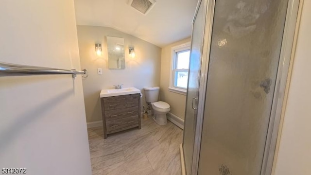 full bath featuring visible vents, toilet, a shower stall, vanity, and vaulted ceiling