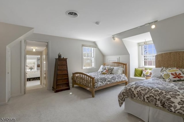bedroom with carpet, rail lighting, multiple windows, and visible vents