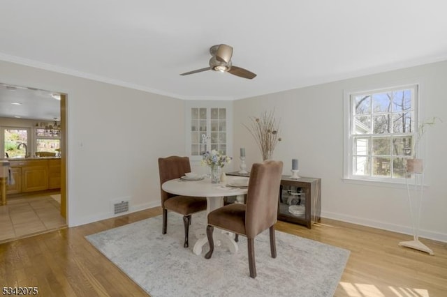 dining room with visible vents, ornamental molding, light wood-type flooring, baseboards, and ceiling fan