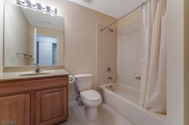 bathroom featuring shower / tub combo, visible vents, vanity, and toilet