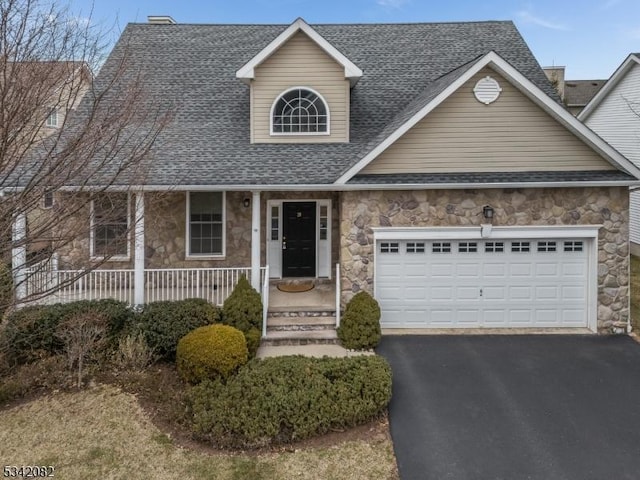 new england style home featuring a garage, a shingled roof, stone siding, aphalt driveway, and a porch