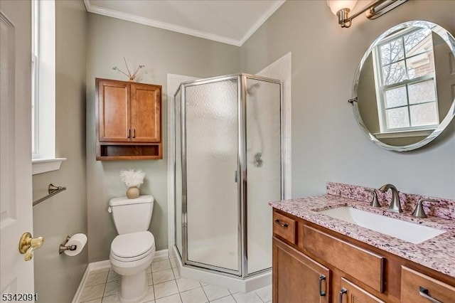 bathroom featuring ornamental molding, a shower stall, toilet, and tile patterned floors