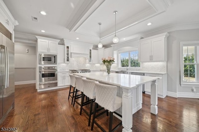 kitchen featuring crown molding, a raised ceiling, visible vents, a healthy amount of sunlight, and built in appliances