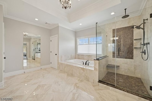 full bathroom with a chandelier, a garden tub, a shower stall, a raised ceiling, and crown molding