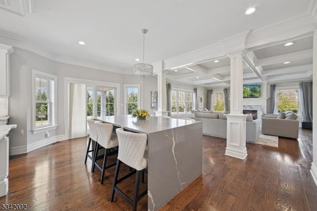 kitchen featuring plenty of natural light, decorative columns, dark wood-type flooring, and a high end fireplace