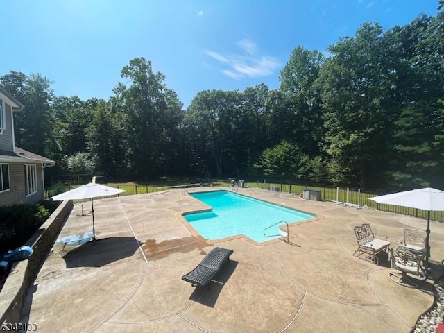 view of pool featuring a patio, fence, and a fenced in pool